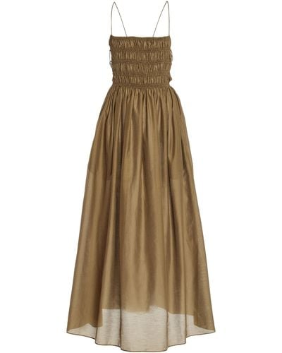 Matteau Lace-up Shirred Cotton-silk Dress - Natural