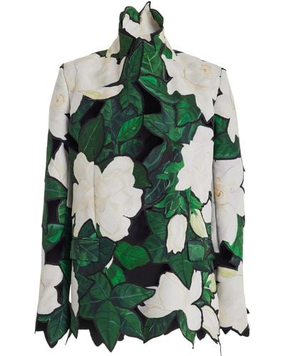Oscar de la Renta Cutout Gardenia Faille Embroidered Jacket - Green