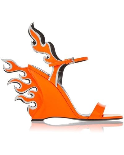 Prada Flame Patent Leather Wedge Sandals - Orange