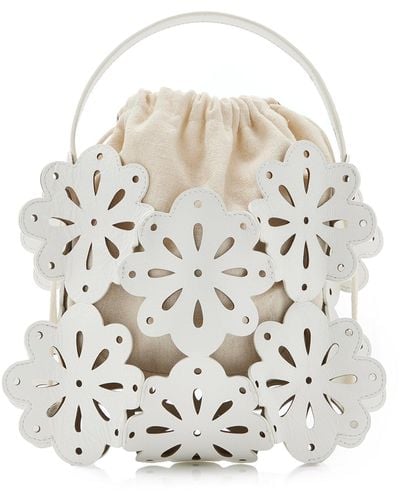 STAUD Flora Laser-cut Leather Basket Bag - White