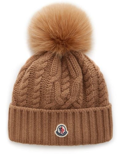 Moncler Fur-trimmed Ribbed-knit Wool Beanie - Brown