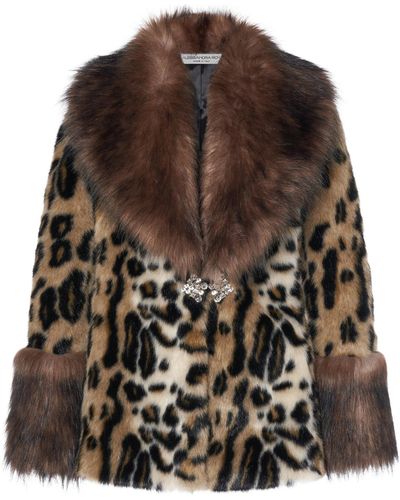 Alessandra Rich Faux Leopard Fur Coat - Brown