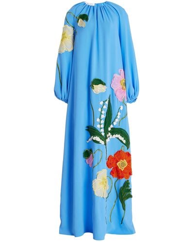 Oscar de la Renta Oversized Embroidered Silk Maxi Dress - Blue
