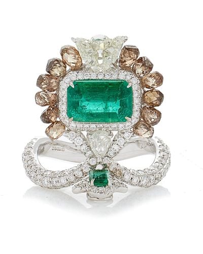 Amrapali One Of A Kind 18k White Gold Diamond & Emerald Ring - Green