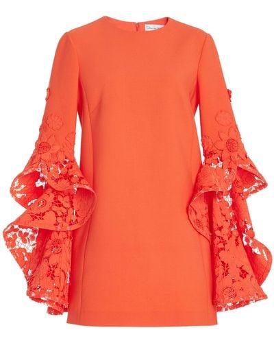 Oscar de la Renta Ruffled Guipure Lace Stretch Wool Mini Dress - Orange