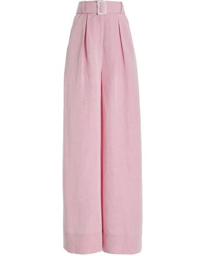 Matthew Bruch Belted High-waisted Linen-blend Wide-leg Pants - Pink