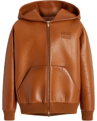 Miu Miu Oversized Hooded Leather Jacket - Brown