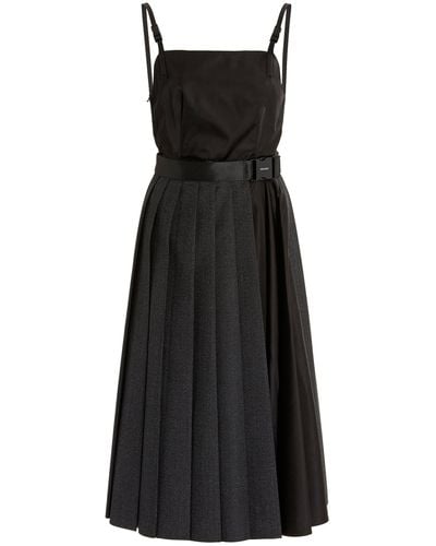 Prada Checked Wool And Nylon-gabardine Midi Dress - Black