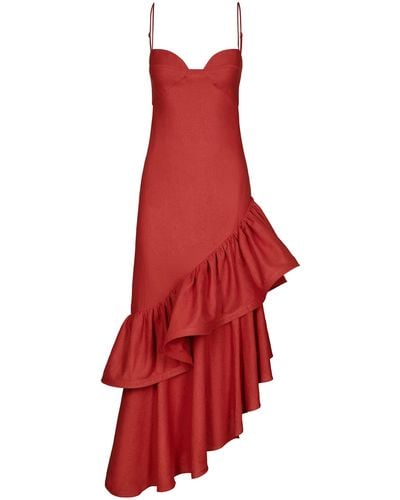 Johanna Ortiz Acércate Más Ruffled Linen-blend Midi Dress - Red