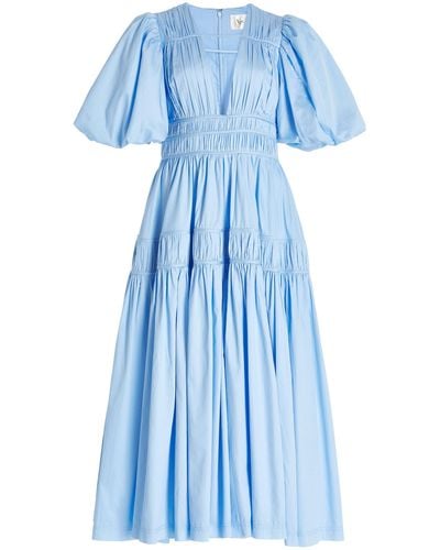 Aje. Fallingwater Gathered Cotton Midi Dress - Blue