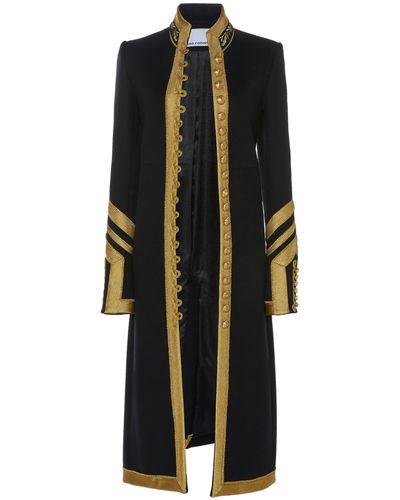 Rabanne Collarless Military Style Gold Embroidered Coat - Black