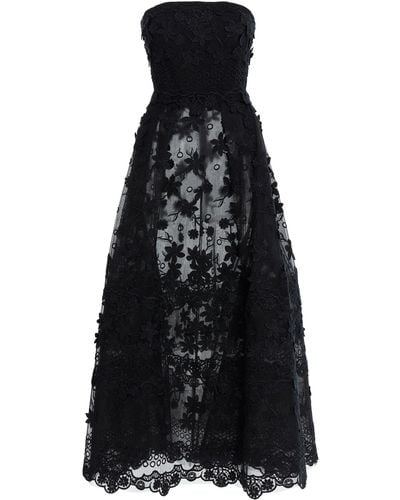 Elie Saab Floral-embroidered Tulle Strapless Midi Dress - Black