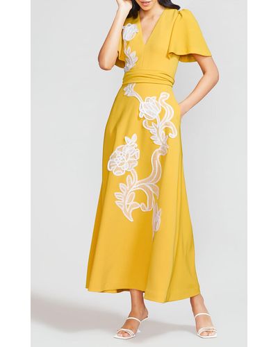 Lela Rose Floral Embroidered Fluid Crepe Flutter Sleeve Midi Dress - Yellow