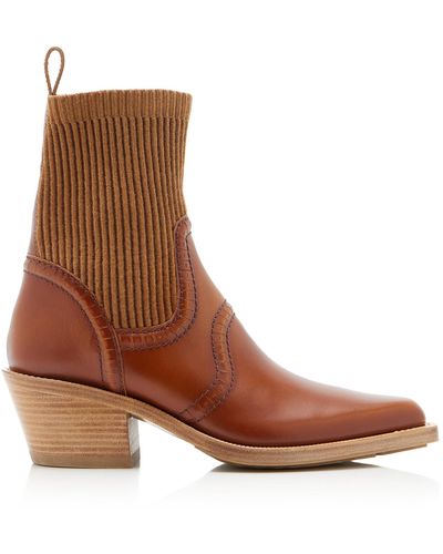 Chloé Nellie Knit-trimmed Leather Ankle Western Boots - Brown