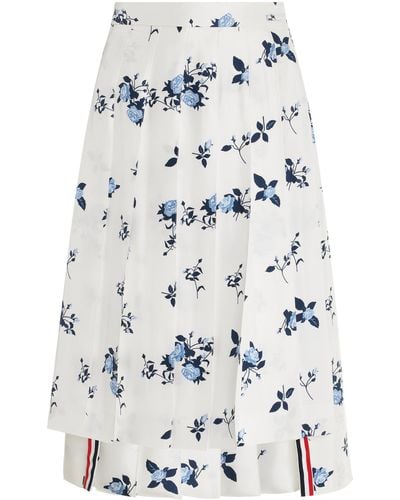 Thom Browne Pleated Floral Silk Midi Skirt - Grey