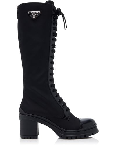 Prada Tronchetti Nylon, Leather Knee Boots - Black