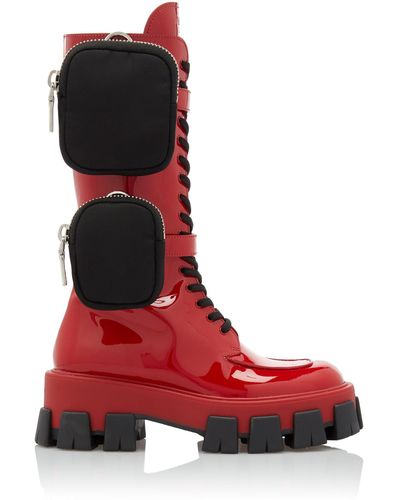 Prada Leather Combat Boots - Red