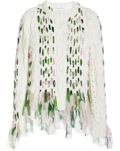 Oscar de la Renta Woven Chiffon Long Sleeve Pullover - White