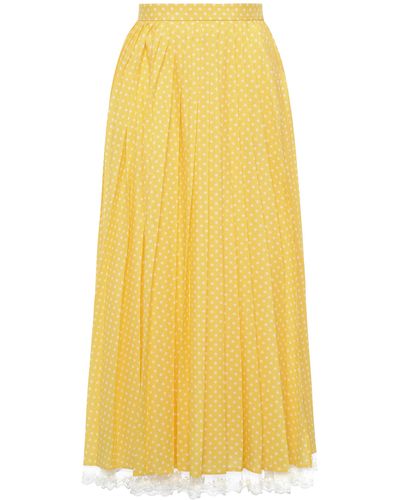 Miu Miu Lace-trimmed Pleated Polka-dot Crepe Midi Skirt - Yellow