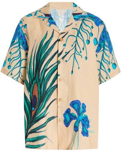 House of Aama Exclusive Camp Printed Silk Twill Shirt - Blue