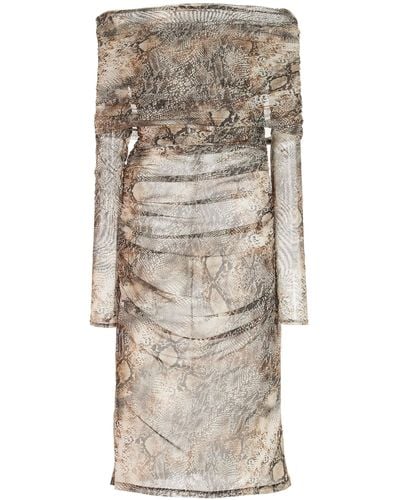 LAPOINTE Off-the-shoulder Printed Mesh Midi Dress - Natural