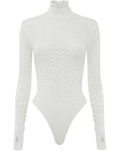 Alex Perry Turtleneck Crystal Jersey Bodysuit - White