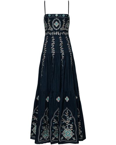 Agua Bendita Lima Relicario Embroidered Linen Maxi Dress - Blue