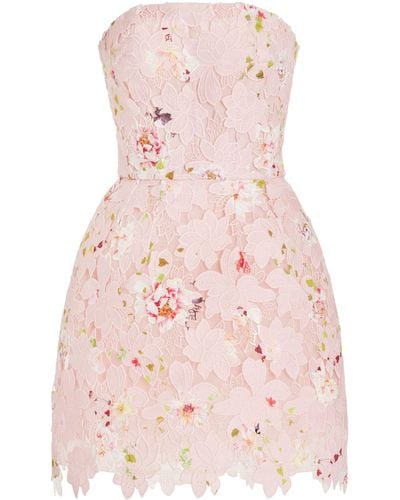Monique Lhuillier Strapless Lace-detailed Printed Mini Dress - Pink