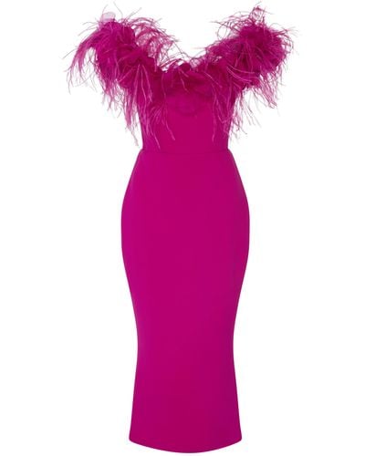Marchesa Off The Shoulder Feather Midi Dress - Pink