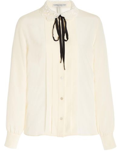 Alessandra Rich Macramé-trimmed Pleated Silk Shirt - White