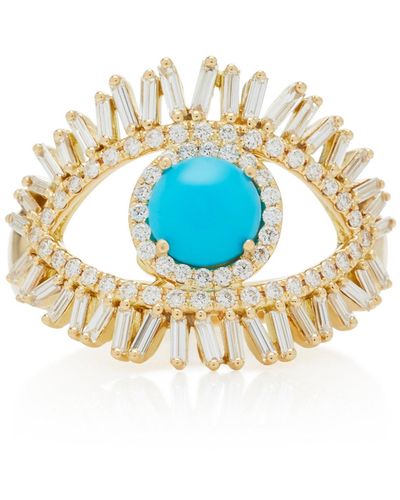Suzanne Kalan 18k Yellow Gold, White Diamond And Turquoise Evil Eye Ring - Blue