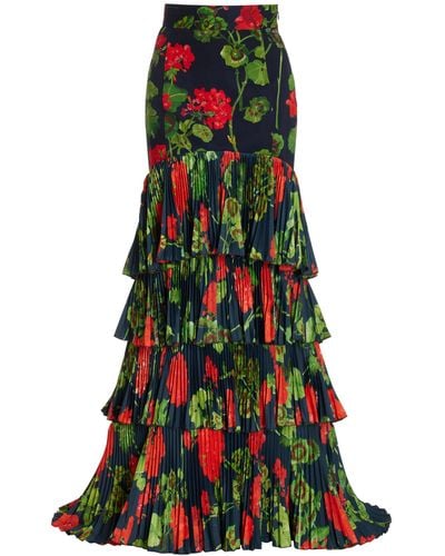 Oscar de la Renta Floral Stretch-cotton Maxi Skirt - Green