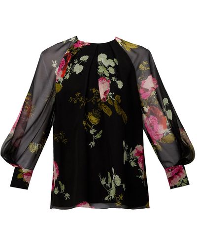 Erdem Gathered Floral Silk Blouse - Black