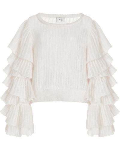 Aje. Clemence Ruffled Knit Sweater - White