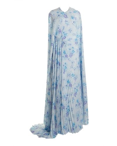 Balenciaga Floral Plisse Maxi Cape Dress - Blue