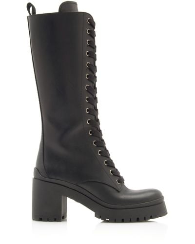 Miu Miu Lace-up Leather Knee-length Combat Boots - Black
