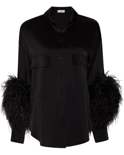 LAPOINTE Oversized Satin Button Down With Feathers - Black