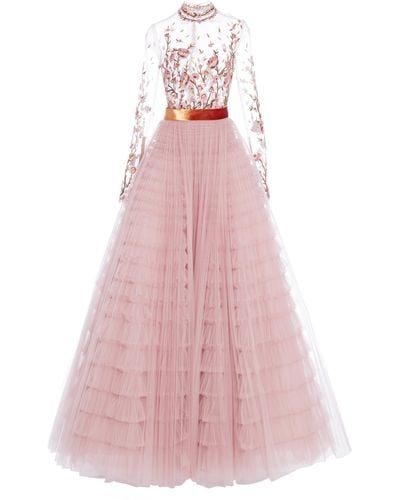 J. Mendel Floral Embroidered Tulle Gown - Pink