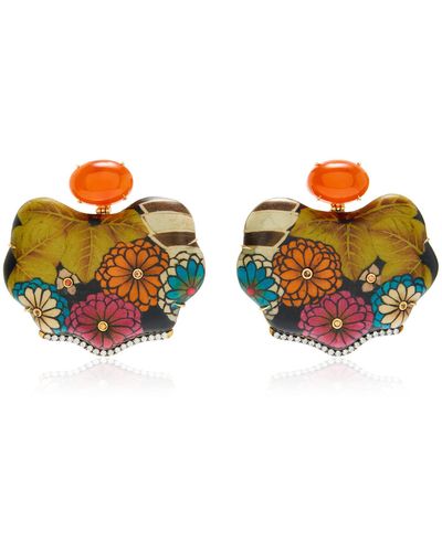 Silvia Furmanovich Sapphire And Marquetry Wood Floral Earrings - Orange
