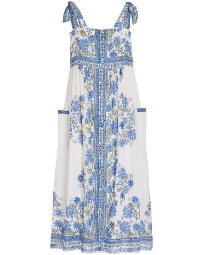 Juliet Dunn Floral Tie-shoulder Cotton Midi Dress - Blue