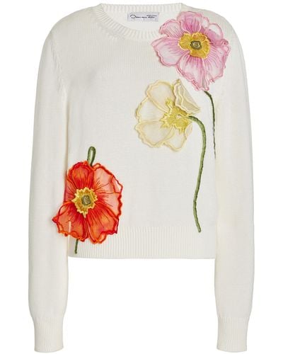 Oscar de la Renta Painted-poppies Cotton-organza Sweater - White