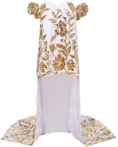 Markarian Esmee Gold Floral Sequin Off The Shoulder Puff Sleeve Mini Dress With Shoulder Trains - White