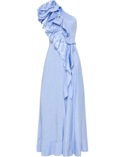Aje. Adelia One-shoulder Ruffled Dupioni-trimmed Linen-blend Midi Dress - Blue