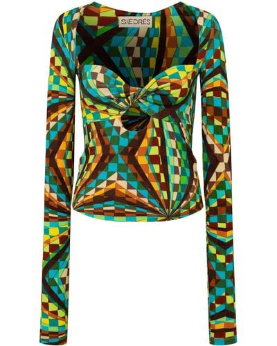 Siedres Divy Kaleidoscope Printed Knot Front Top - Green