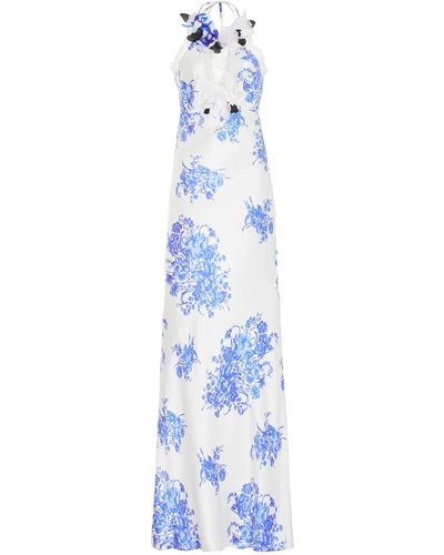 Rodarte Floral-appliquéd Lace-trimmed Floral-silk Maxi Dress - Blue