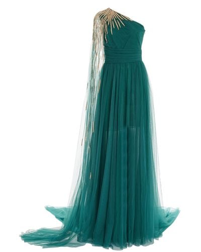 Pamella Roland Starburst-embellished One-shoulder Tulle Gown - Green