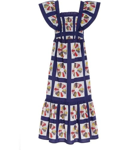 Sea Pippin Smocked Patchwork-printed Cotton Maxi Apron Dress - Blue