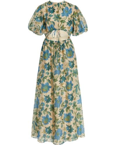 Sir. The Label Celia Puff-sleeve Cutout Floral Cotton-silk Midi Dress - Multicolor