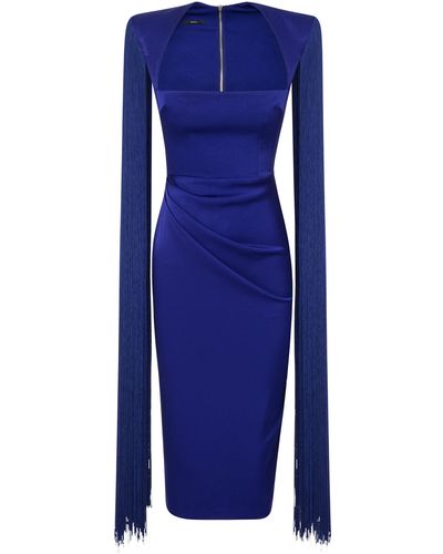 Alex Perry Delany Ruched Fringe Overlay Midi Dress - Purple