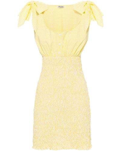 Miu Miu Smocked Checked Cotton Mini Dress - Yellow